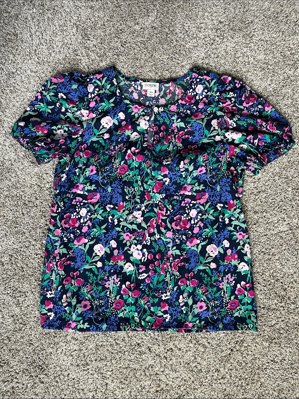 J. Crew Navy Floral Puff Sleeve Top